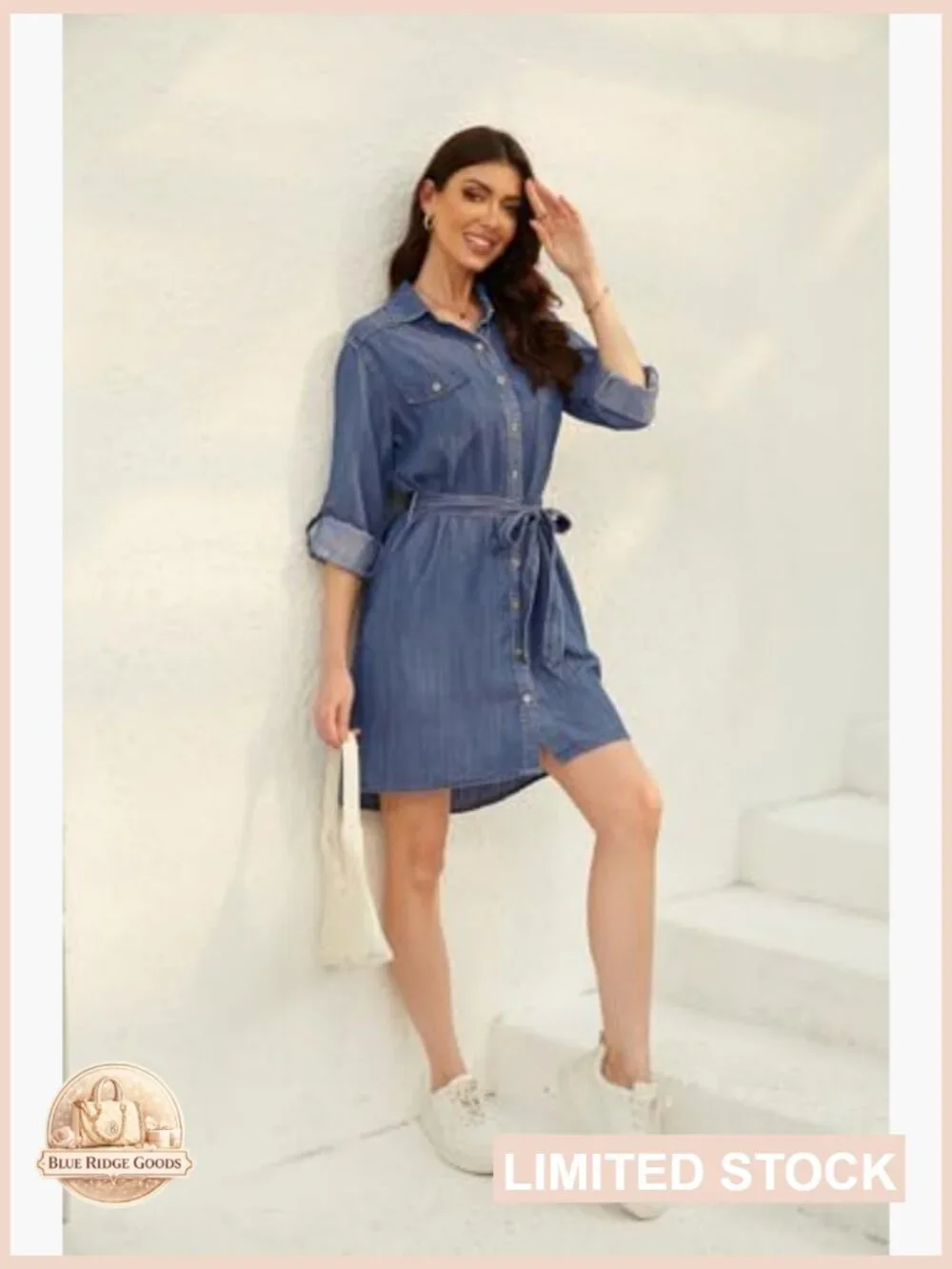 Denim Shirt Dress Casual Button Down Tie Waist Long Sleeve Midi Wrap Style - Picture 6 of 7